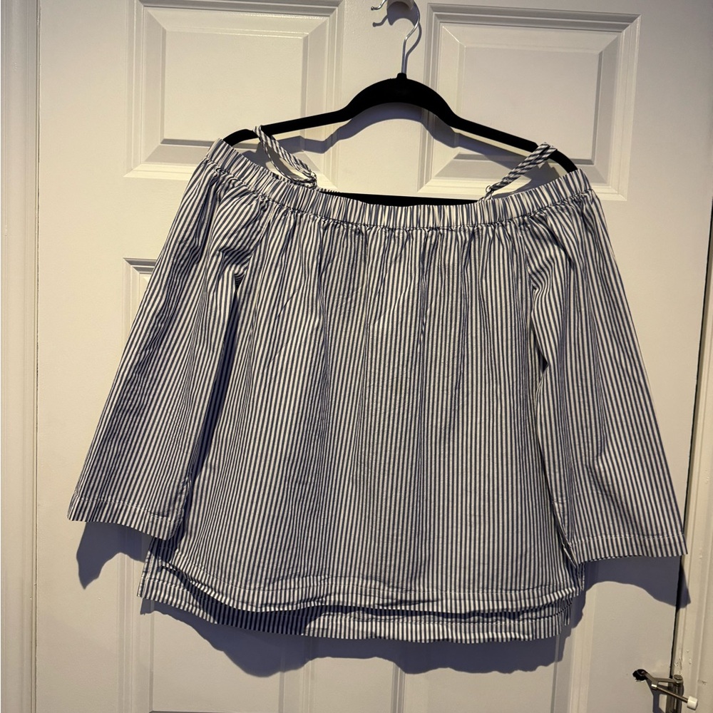 Saks Fifth Avenue Blue and White Striped Off-Shoulder Blouse